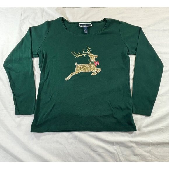 Karen Scott Shirt Women's Small Green Long Sleeve tee with Festive Reindeer - Picture 3 of 8